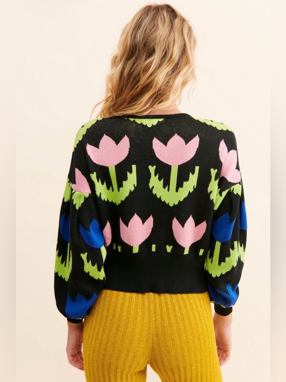 Pastiche Free People Floral Knit Sweater Size S Black Pink Blue Crop Top - Picture 2 of 7